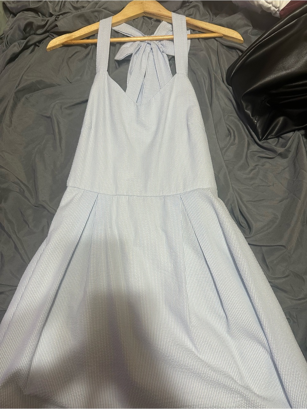 Lauren James Light Blue Striped Midi Dress with Halter Tie